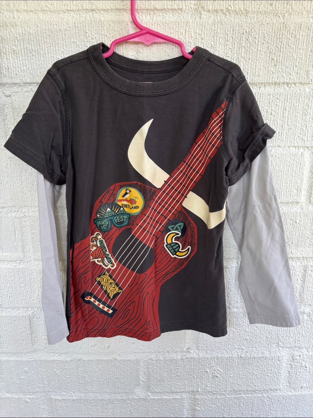 Tea Collection Black Tee with Red Guitar Graphic and Light Gray Sleeves sz 8